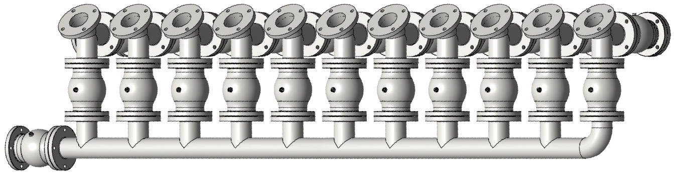 A mash distribution consisting of 12 KVT stainless steel pinch valves with 2x11 outlets (QV-100-100-WN) KVT-Maischeverteilung-mit-2x11-Abgaengen-QV-100-100-T